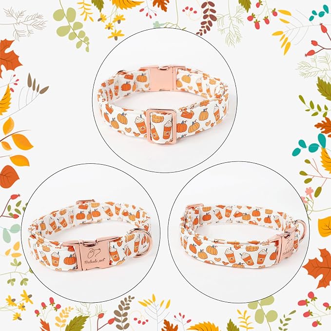 Fall Dog Collar for Large Dogs - Fall Holiday Pumpkin Latte Printed Dog Collars, Adjustable Heavy Duty Pet Thanksgiving Collar with Metal Buckle L