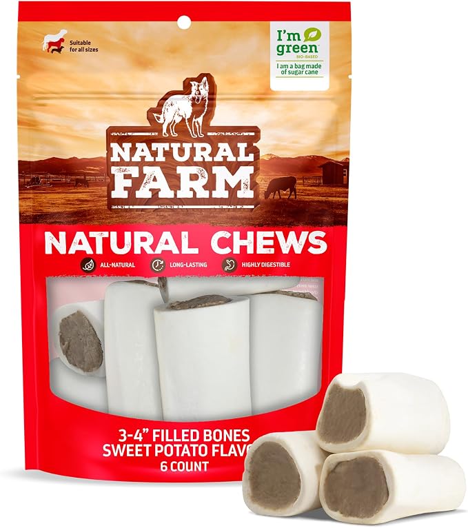 Natural Farm Sweet Potato Filled Bones (3-4 Inch, 6 Pack), Limited Ingredient, Natural Stuffed Dental Dog Bone Treats for Dogs, Made with Real Beef & Sweet Potato