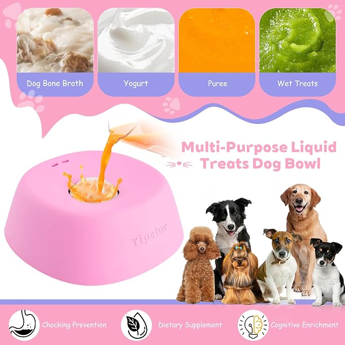 Yipetor Slow Feeder Dog Bowls for Liquid Treat, 【Enrichment Ball-Roll】 Bone Broth Dog Lick Bowl, 3/4 Cup Yogurt Pup Lick Toy for Large Medium Small Breeds Dietary Supplement/Post-op Nutrition (Pink)