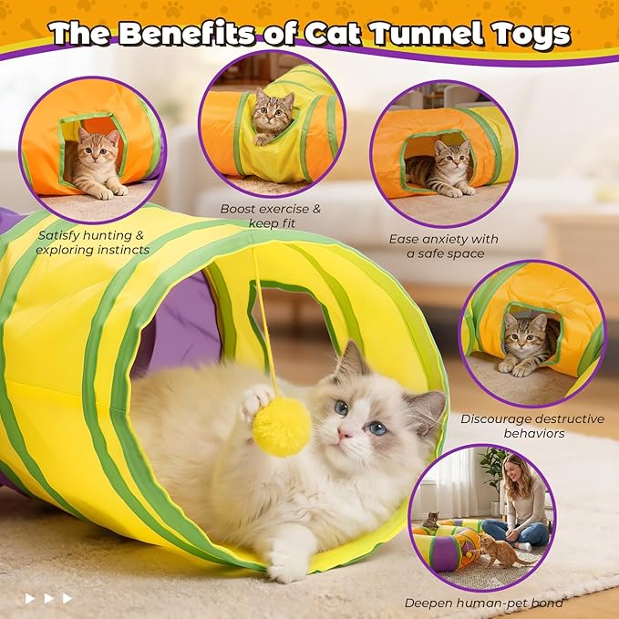 Cat Tunnel for Indoor Cats 6-Shaped, Collapsible Cat Playhouse Pet Play Tunnel Tube Maze with Hanging Pom-Poms and Interactive Hole for Kitten, Kitty, Puppy, Rabbits, Ferret, Guinea Pig