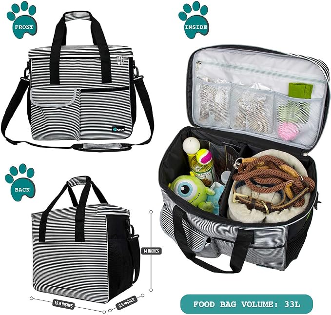 PetAmi Dog Travel Bag Organizer, Pet Travel Kit with 2 Food Containers & 2 Collapsible Dog Bowls, Pet Supplies Tote with Luggage Sleeve, Weekend Road Trip Camping Essentials, Stripe Black, Large