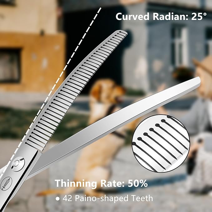 HASHIMOTO Curved Fluffer Scissors for Dog Grooming, 42 Teeth, 50% Thinning Rate, 7.0 inch, Light Weight, Designed to Remove Bulk Quickly While Leaving a Natural Finish for Groomers.