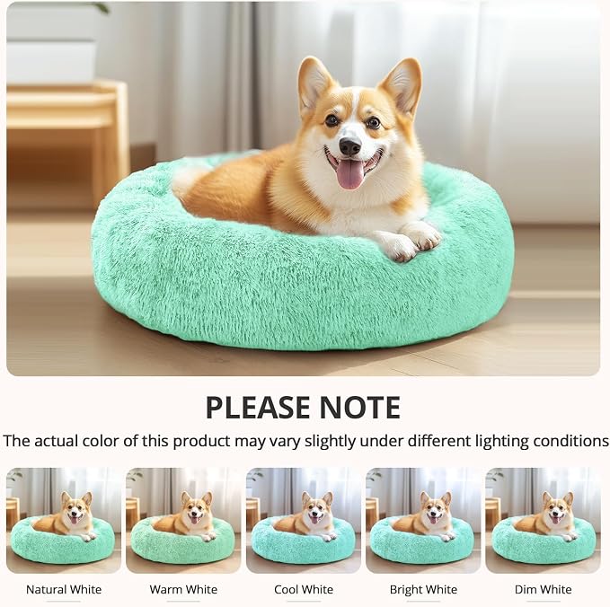 JOLLYVOGUE Calming Dog Bed Medium Size Dog, 31in Donut Washable Medium Pet Bed, Anti-Slip & Anti-Anxiety Fluffy Faux Fur Round Dogs Bed, Fits up to 45 lbs Pets (Mint Green)