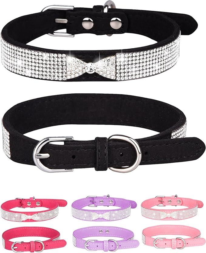 Dog Collar for Small Dogs, Adjustable Leather Suede Bling Dog Collars，Pink Dog Collar Cat Collar, Rhinestone Dog Collar (S, black4)