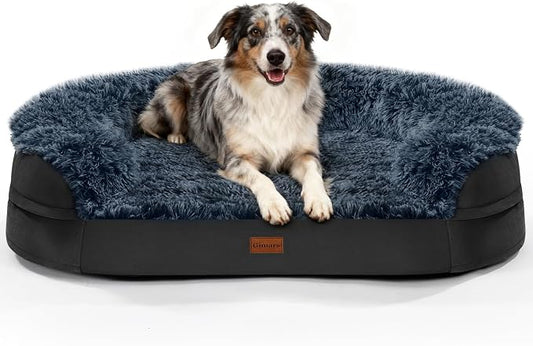 iweepet Fluffy Orthopedic Dog Beds for Large & Extra Large Dogs, 41" Calming Dog Sofa Bed with Supportive 28D Egg-Crate Foam, Removable Washable Cover, Waterproof Lining, for Puppy,Senior,Sick