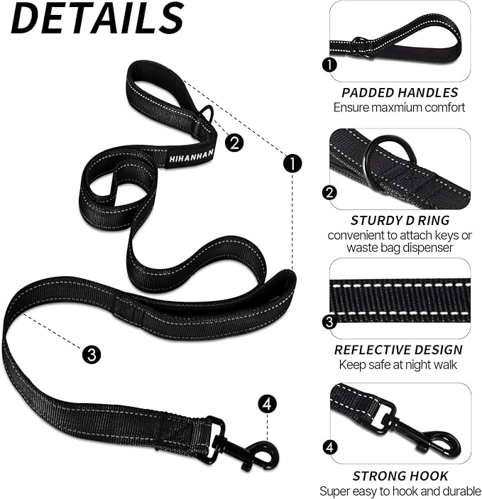 Reflective Dog Leash with Double Handle, Dog Leash 4 FT Long, Supports Medium and Large Dogs, Heavy Duty for Walking, Running, and Training, Black