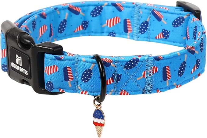 Maca Bates 4th of July Dog Collar with Ice Cream Charm for Extra Small Girl Boy Dogs,Popsicle Pattern,Pretty Adjustable Durable Collars Blue Independence Day Gift for Male Female Puppy