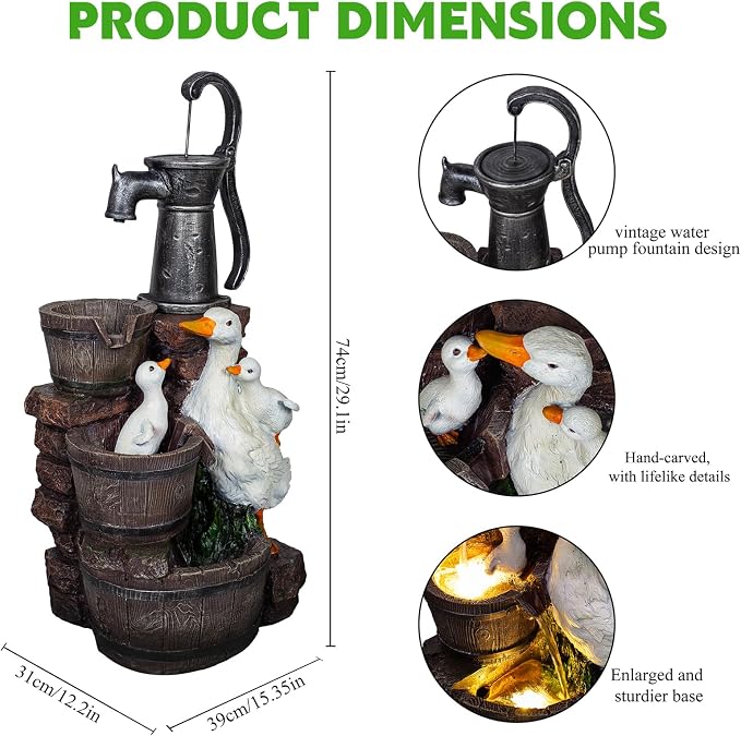 29.1" H Duck Outdoor Fountain with LED, Cascading Waterfall Garden Fountain, Freestanding Water Feature for Patio, Yard, Lawn, Deck and Home Decor