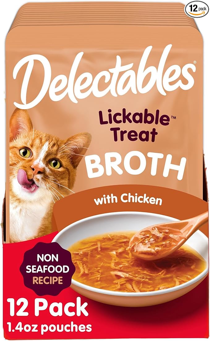 Delectables Lickable Treat Savory Broth Non-Seafood Wet Cat Treat with Real Chicken, Food Topper, Hydrating, Grain-Free, No Fillers, No By-Products, No Added Preservatives, 1.4oz Pouch, 12ct