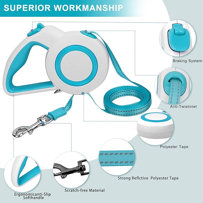 enrgticdg 16Ft Retractable Dog Leash,Night Reflection,Light Weight Leash for Small to Medium Dogs/Cats,Stainless SteelSpring,Strong Nylon Tape,One-Handed Brake(Blue-White)