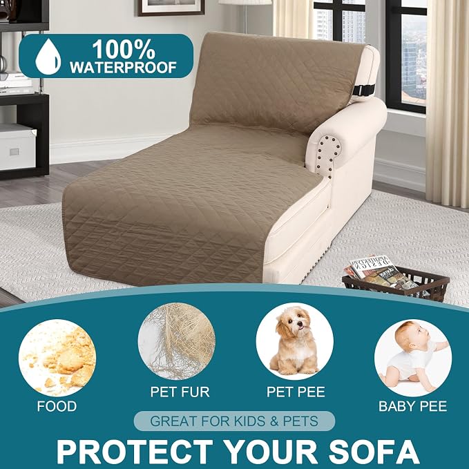 Turquoize 100% Waterproof Sofa Covers Chaise Lounge L Shape Sofa Protector Slip Cover Triple Non-Slip Sofa Slipcover for Chaise Sectional Couch Cover for Pets, Kids (Chaise, Taupe)