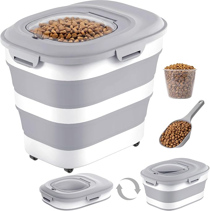 30 Lbs Dog Food Storage Container with Wheels, Collapsible Pet Food Storage Container with Clear Window, Measuring Cup & Scoop, BPA Free Cat Food Container for Rice, Flour, Grain, Bird Seed