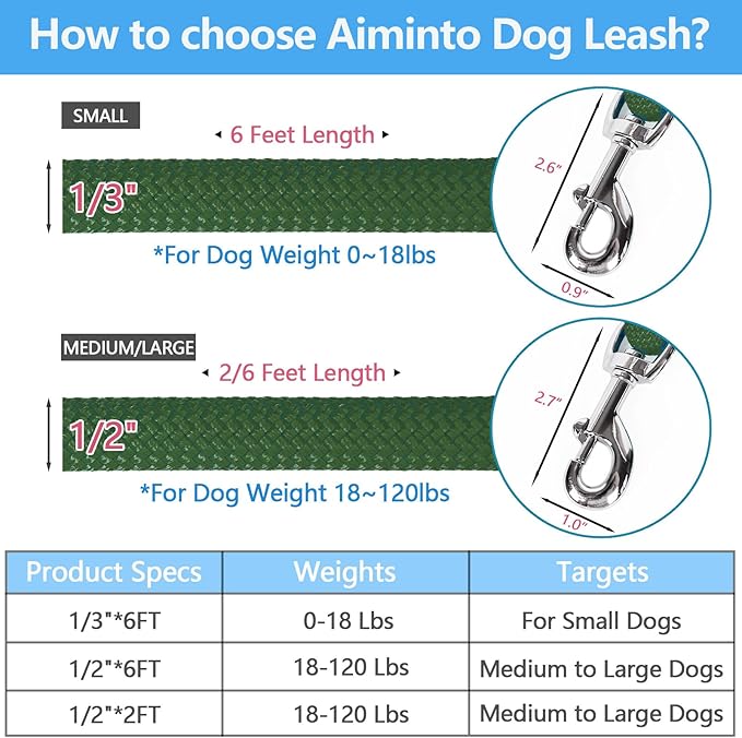Dog Leash, Braided Rope Traction – Walking Training Lead for Small Dogs ((1/3") x 6FT, Dark Green)