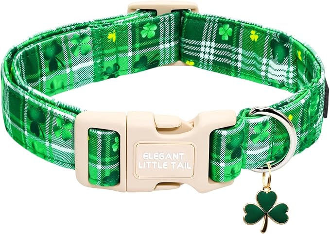Elegant little tail St Patrick's Dog Collar - Green Plaid Cute Clover Cotton Shamrock Pet Collar Trefoil Adjustable Cotton Pet Collar with Quick Release Buckle for Small Dogs