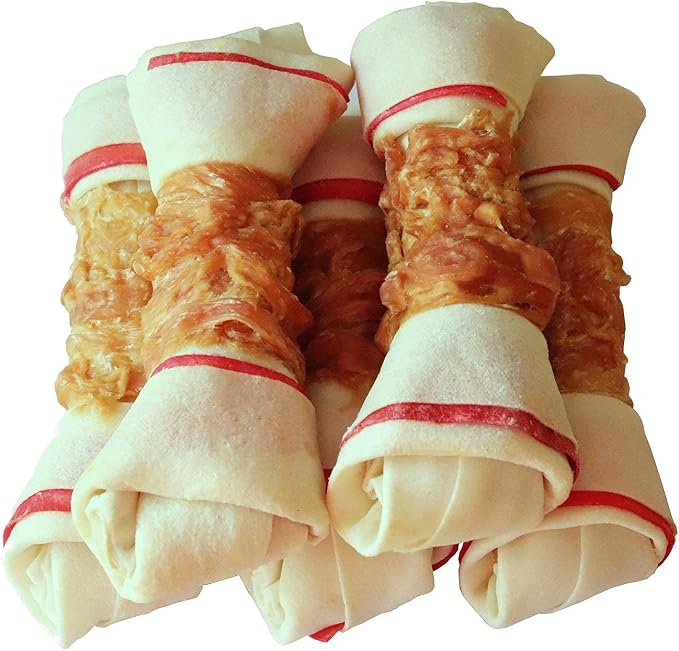 Chicken Wrapped Rawhide Bones Dog Treats, 6.5 Inch Large Knots for Medium and Large Dogs, High Protein 65% Long Lasting Dog Chews, 8 Ounces