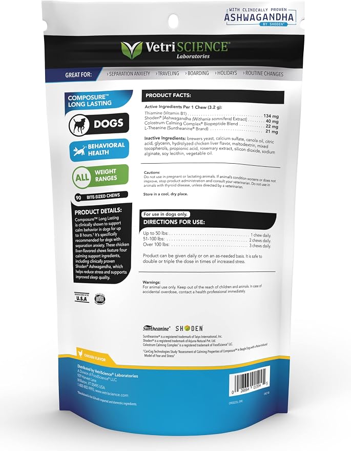 VetriScience Calm & Confident Chews, Composure Clinically Tested Calming and Anxiety Ashwagandha Supplement for Dogs, Stress Relief, Separation Anxiety, Behavior Support, Chicken, 90 Count