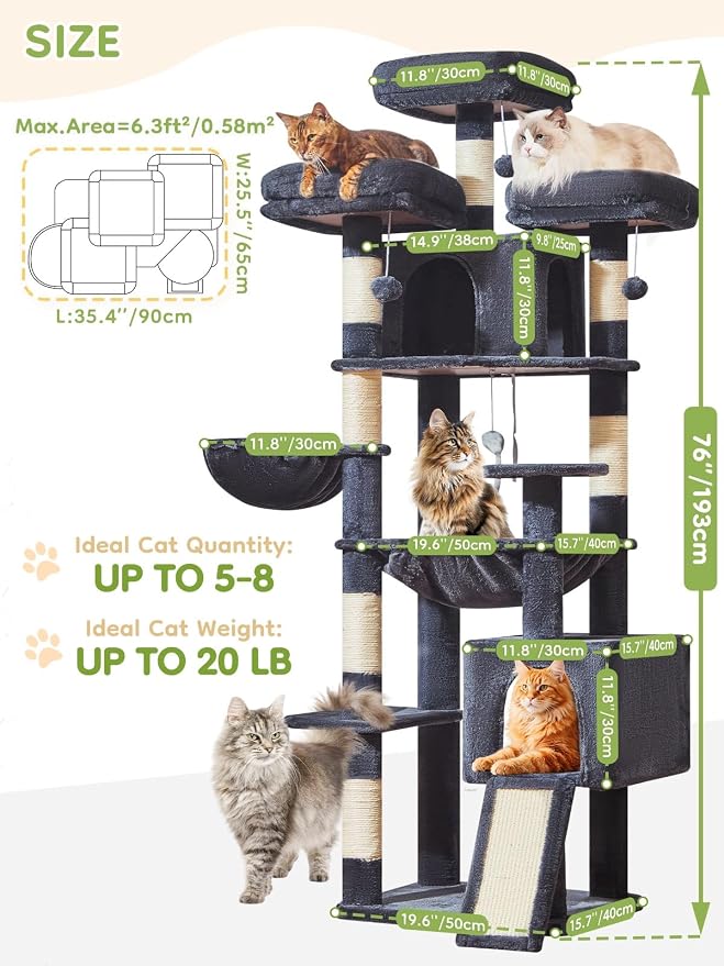 Taoqimiao 76-Inch Cat Tree XXL for Large Cats, Giant Cat Tower with Scratching Board, Extra-Large Metal Hammock, 3 Perches, 7 Sisal Posts, 2 Big Condos, Hanging Basket, Smoky Gray, MS047G