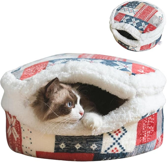 Cat Bed Cave – Enclosed Hideaway with Detachable Lid & Mat, Covered Round House for Indoor Kitten & Kitty (Snow)