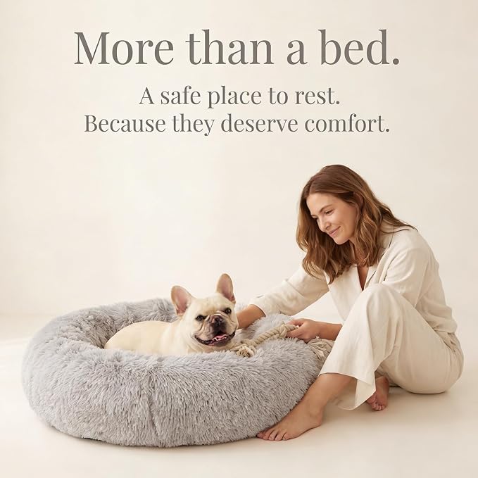 Calming Dog Bed for Medium Dogs Washable Donut 30 inches Anti-Slip Pet Bed,Round Fluffy Plush Faux Fur Cat Bed,Fits up to 45 lbs Pets,Grey