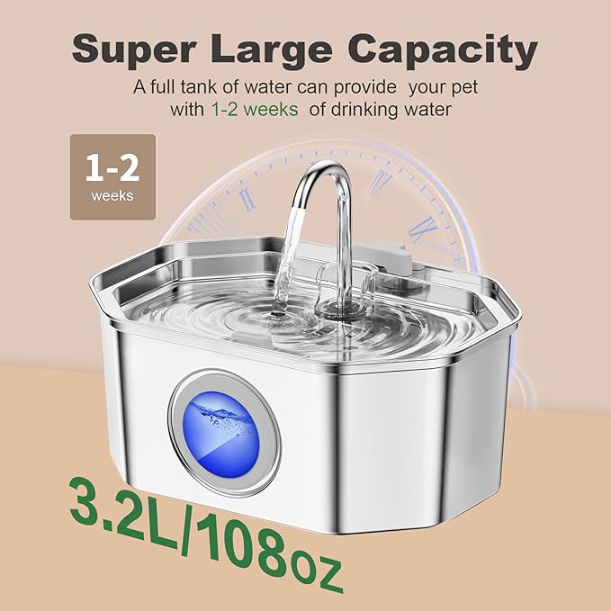 Cat Water Fountain, Apauk 108oz/3.2L Silent cat Water Fountain Stainless Steel, Cat Fountain, Automatic Dog Water Fountain,Controllable Blue Light - (6 Filters& 6 Sponges)