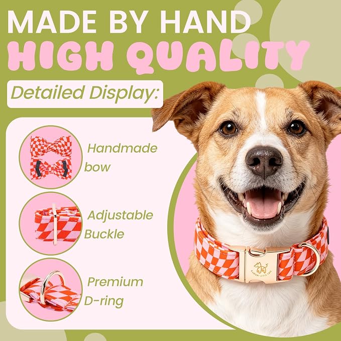 Elegant Little Tail Girl Dog Collar for Small Dogs, Pink Checked Dog Collars with Bow, Pet Pink Checked Bowtie Dogs Collars for Small Medium Dogs