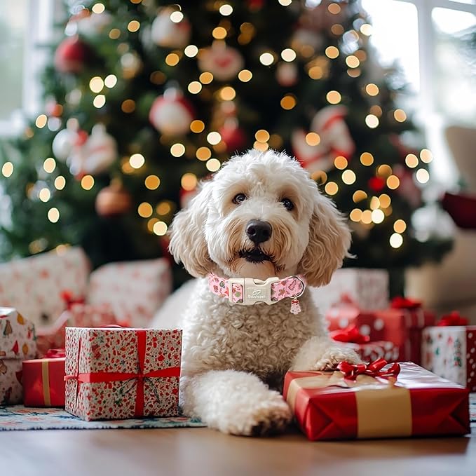 Christmas Dog Collar - Cute Pink Cozy Christmas Puppy Collar with Safety Buckle, Soft Adjustable Holiday Dog Collars for Small Medium Large Dogs M