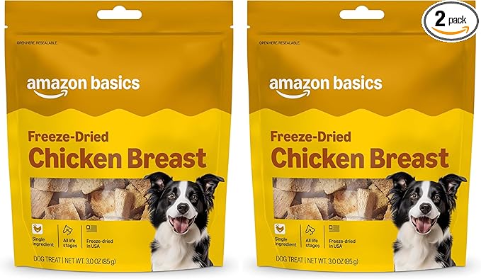 Amazon Basics Dog Treats Freeze Dried Raw Single Ingredient Chicken Breast, High Protein, Healthy Training Treats or Meal Topper for All Dogs, Grain-Free, 3 Oz (Previously Wag) (Pack of 2)