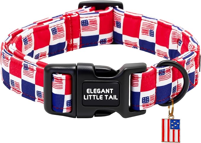 Elegant Little Tail 4th of July Dog Collar with Pendant, American Dog Collars Patriotic Red White Blue Pattern, Sturdy Quick-Release Plastic Buckle Adjustable Pet Collar for Large Dogs