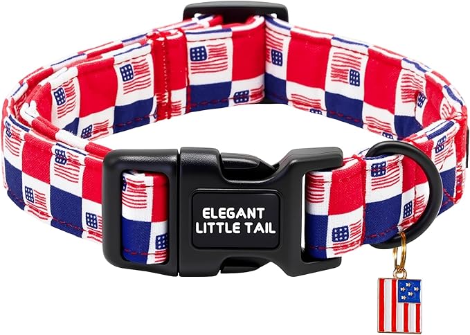 Elegant Little Tail 4th of July Dog Collar with Pendant, American Dog Collars Patriotic Red White Blue Pattern, Sturdy Quick-Release Plastic Buckle Adjustable Pet Collar for Large Dogs