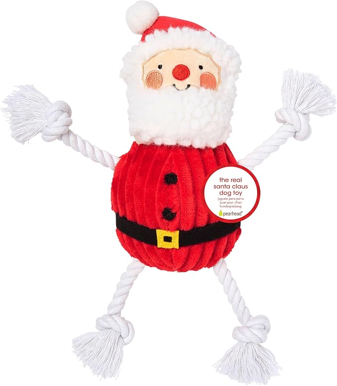 Pearhead The Real Santa Claus Holiday Dog Toy, Durable Corduroy Rope Toy, Stuffed Plush Chew Toy with Loud Squeaker, Christmas Stocking Stuffer for Pets