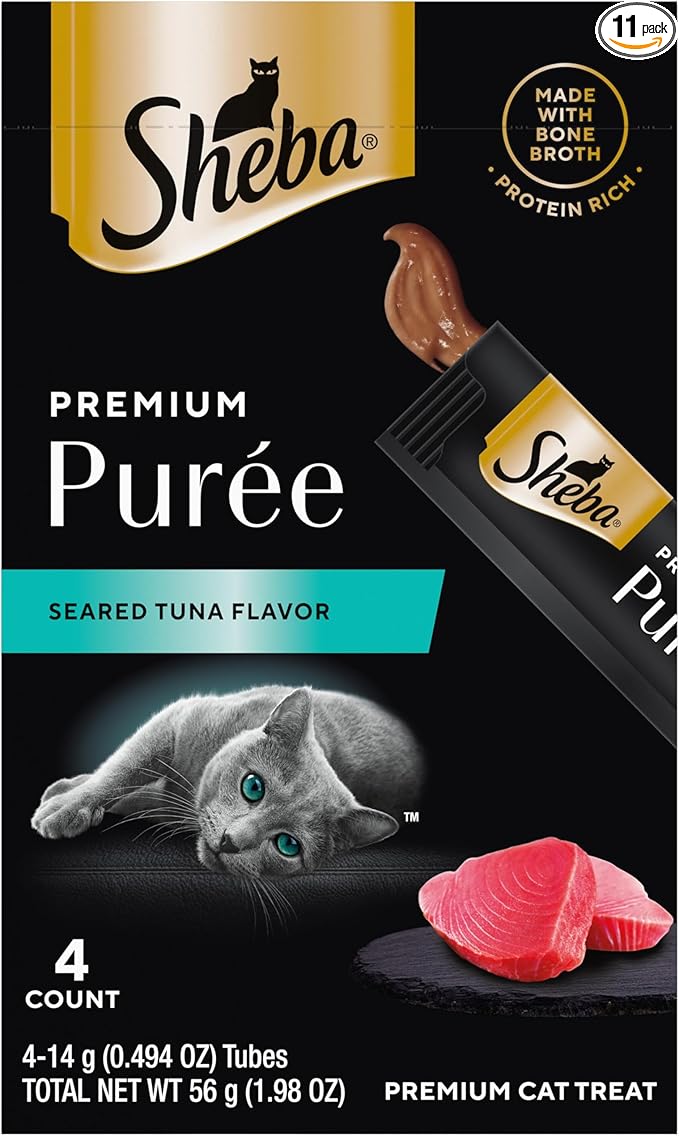 Sheba Premium Puree Cat Treats Lickable Seared Tuna Flavor, Lickable Cat Treats, 0.49 oz. Tubes, 4 Count (Pack of 11), Total 44 Count