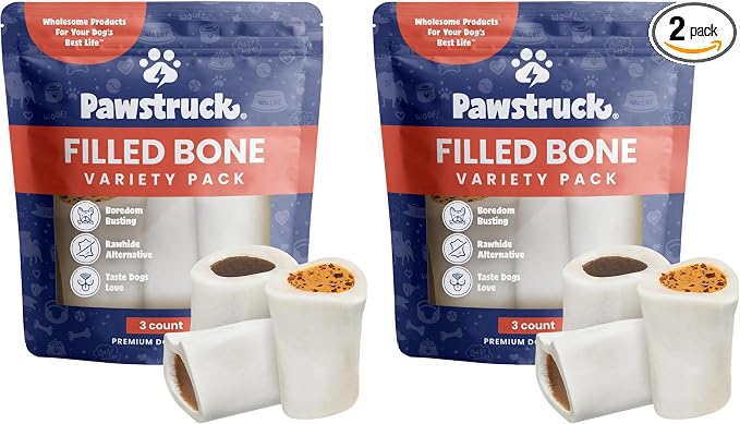 Pawstruck Small 3” Filled Dog Bones Variety Pack - Peanut Butter, Cheese & Bacon, Beef Flavors - Made in USA Long Lasting Stuffed Femur Treat for Aggressive Chewers - Pack of 6 - Packaging May Vary
