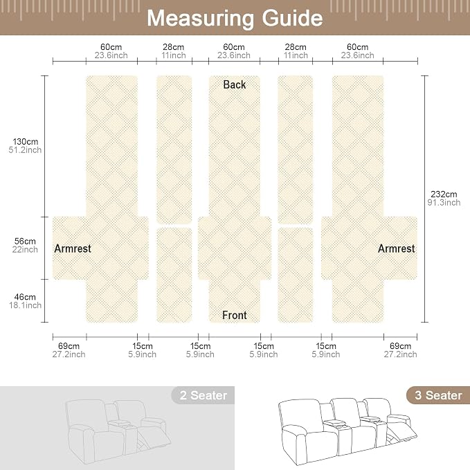 TAOCOCO 100% Waterproof Recliner Couch Covers with Console, Sofa Covers for Reclining Sofa 3 Seat with Straps Design, Split Recliner Sofa Cover Furniture Pets Kids Protector (3 Seater, Taupe)