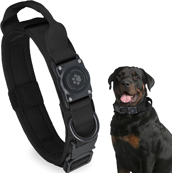 Tactical AirTag Dog Collar, 100% Waterproof Integrated Apple Air Tag Dog Collars with Hard PC AirTag Holder, Adjustable Military Collar with Handle, GPS Dog Collar for Medium Large Dogs(Black,XL)