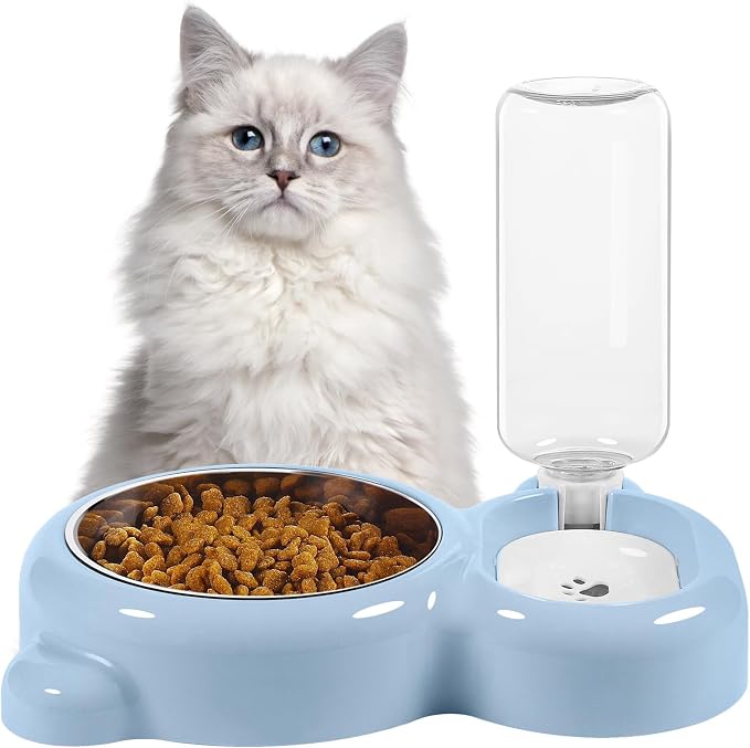 Double Dog Cat Bowls, Cat Food and Water Bowl Set with Auto-Water Dispenser and Stainless Steel Bowl Feeder for Small Size Dogs & Cats, Anti-Slip & Splash Design, Cute Blue