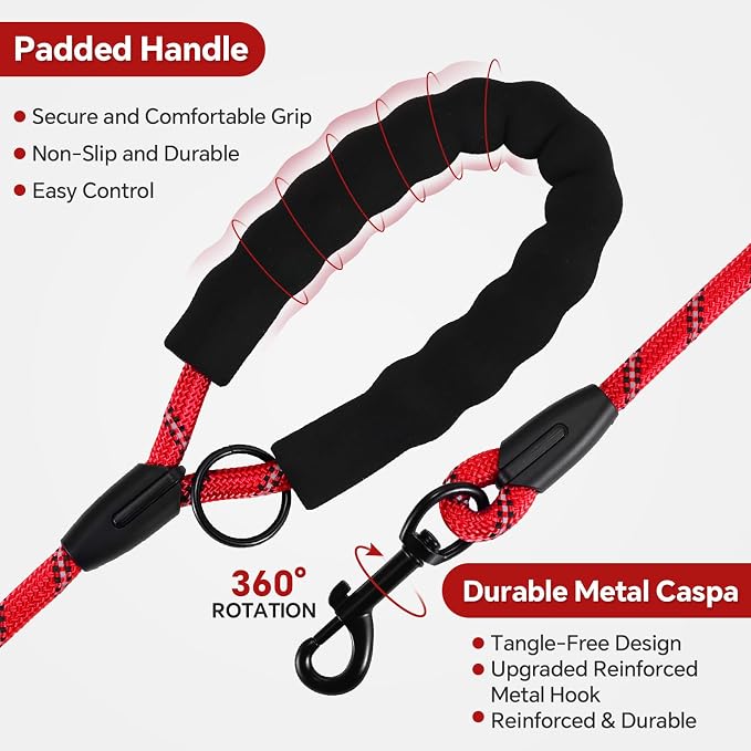 Heavy Duty Dog Leash - 4.9 FT for Large and Small Dogs - Strong Nylon, Comfortable Handle, Reflective Stitching - Ideal for Walking, Training, and Outdoor Activities, Red