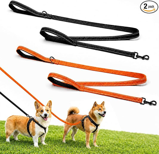 2 Pack Dual Handle Dog Leash, 6ft x 1in Heavy Duty Reflective Nylon Leash with Padded Grip, Traffic Handle, D-Ring, Tangle-Free Dog Lead for Small, Medium & Large Dogs, Safe Night Walks (Black+Orange)