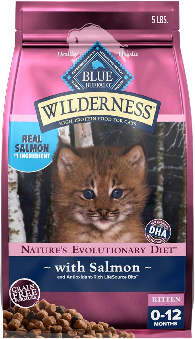 Blue Buffalo Wilderness High-Protein & Grain-Free Dry Food for Kittens, Natural Ingredients with DHA for Cognitive Development, Salmon Recipe, 5lb Bag