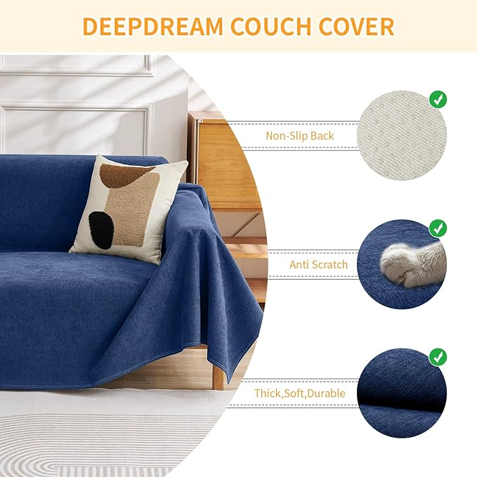 Deep Dream Cat-Scratch Resistant Couch Cover, Waterproof Sofa Cover for 2 Cushion Couch Washable, Pet Friendly Couch Protectors Anti Slip Thickened Slipcovers for Dogs Pets, 71" x 102", Blue