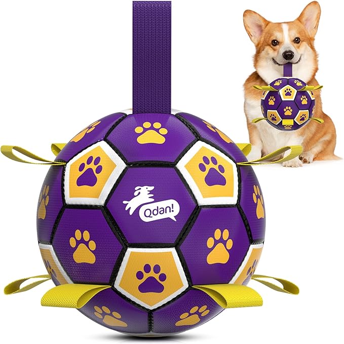 QDAN Dog Ropes Toys, Soccer Ball with Straps, Dogs Water Toy, Durable Dog Balls for Small Medium Breed（6 Inch）