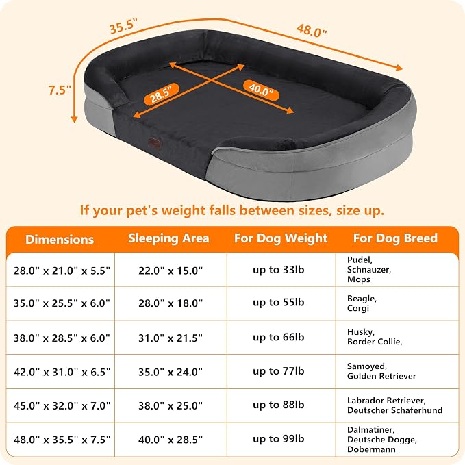 Dwanton Orthopedic Dog Bed for Extra Extra Large Dogs with Gel Memory Foam, Waterproof Dog Sofa, Washable Pet Bed with Four Sided Bolster Cushion, Removable Cover & Non-Slip Bottom, 48", Dark Grey