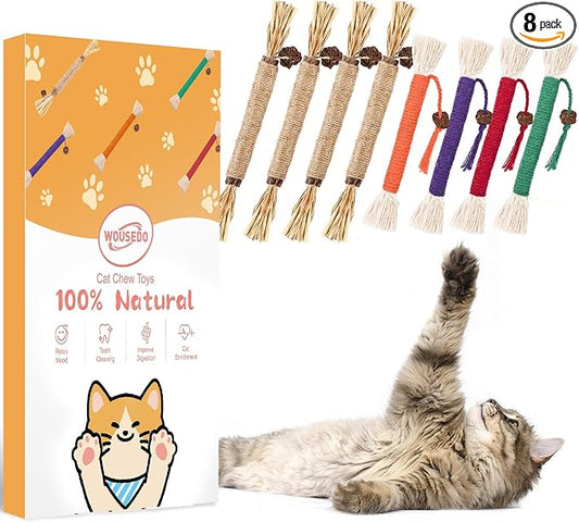 WOUSEDO 8 Pack Catnip Chew Toys for Cats,Cotton Sisal Rope Toys,Cat Natural Silvervine Sticks,for Cat Teeth Cleaning and Dental Care,Interactive Toy for Bored Indoor Cats