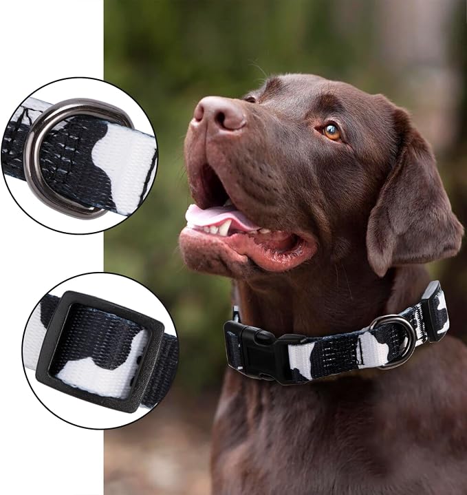 Cow Print Dog Collar Animal Pattern for Dogs White Black, Medium