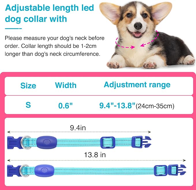 Light Up Dog Collar, Rechargeable USB Collar, Waterproof, Luminous LED Collar, Adjustable, Super Bright, Night Walking for Small Medium Large Dogs, Blue, S