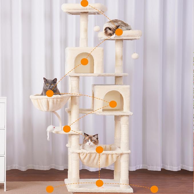 Heybly Cat Tree, 70 inches Tall Cat Tower condo with Toy for Indoor Large Cats, Cat House Furniture with Padded Plush Perch, Cozy Hammock and Sisal Scratching Posts,Beige HCT032M