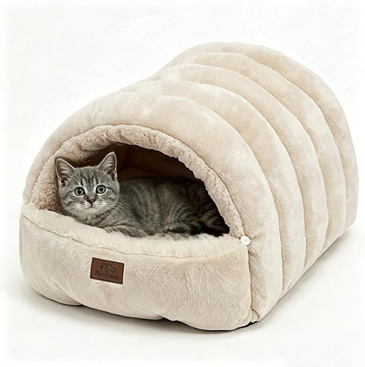 Covered Cat Bed Cave for Indoor Cats, 2-in-1 Enclosed Pet Bed for Kittens with Zippered Washable Cat Mats, Cat House Bed, Beige