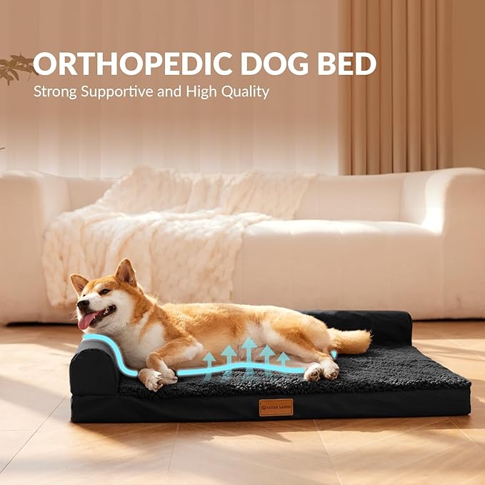 Patas Lague Orthopedic Dog Bed Medium Size Dog 30''X20'', Waterproof L Bolster Medium Pet Sofa Beds with Removable Washable Cover, Soft Pet Couch Crate Mat with Nonskid Bottom, Black