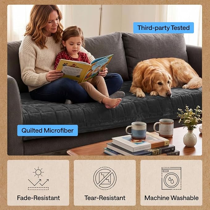 GORILLA GRIP Slip and Leak Resistant Plush Quilted Oversized Sofa Cushion Cover Blanket, Soft Couch Covers for Dogs, Machine Washable Furniture Protector Pet Friendly Couches, Dark Gray, 78x28 Inches