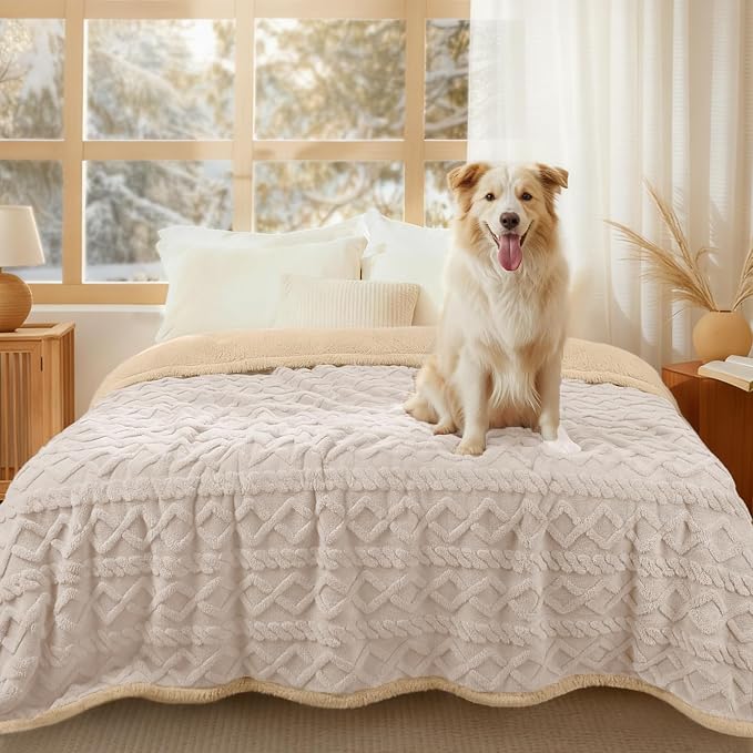 Waterproof Pet Blanket, Liquid Pee Proof Dog Blanket for Sofa Bed Couch, Reversible Sherpa Fleece Furniture Protector Cover for Small Medium Large Dogs Cats, Beige-thicken King Size（90" x 82"）