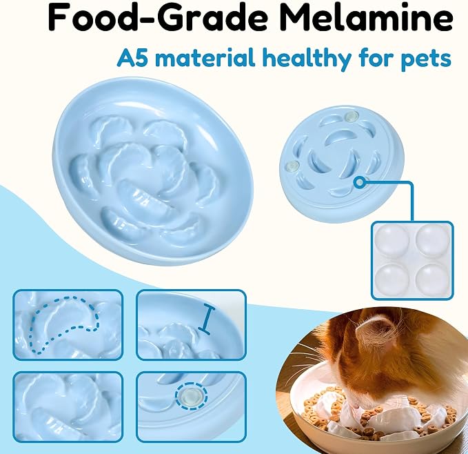 Unbreakable Slow Feeder Bowl for Cats and Small Dogs- Cat Plates for Wet & Dry Food- Melamine Puzzle Cat Bowl for Slow Eating- Whisker Friendly & Dishwasher Safe & Non Slip Design - (Blue,6.3'W*1.5'H)
